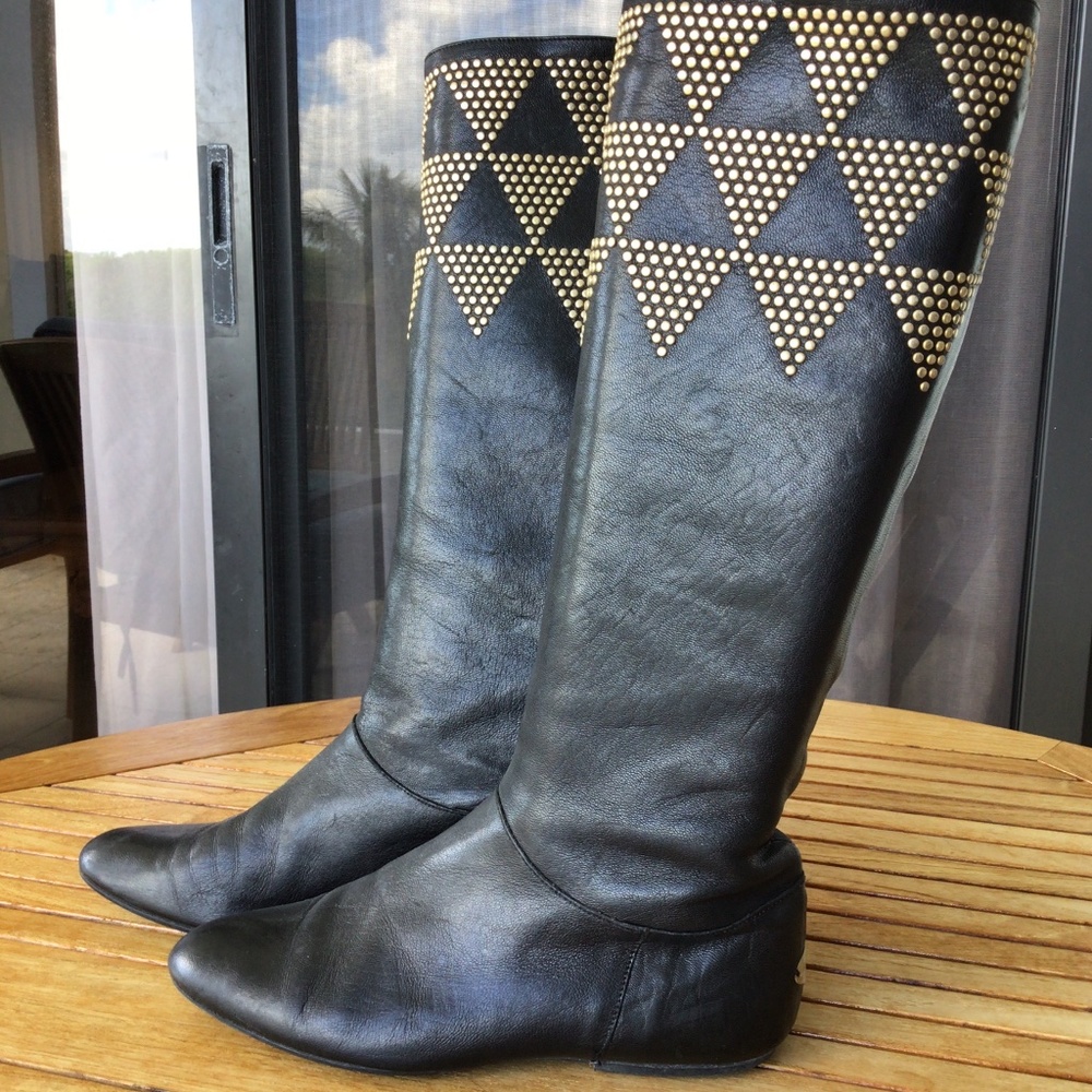 Jimmy Choo Black Studded Leather Tall Boots Size 36.5